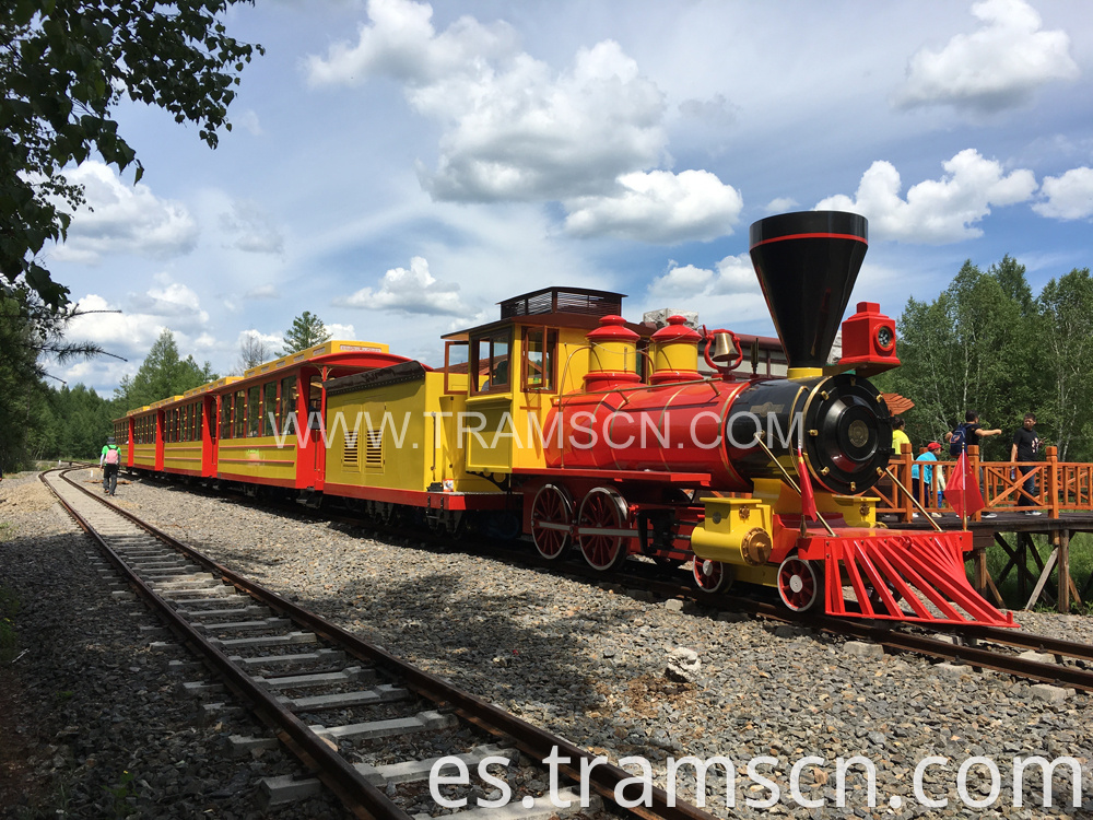 sightseeing train forest train with red and yellow colour